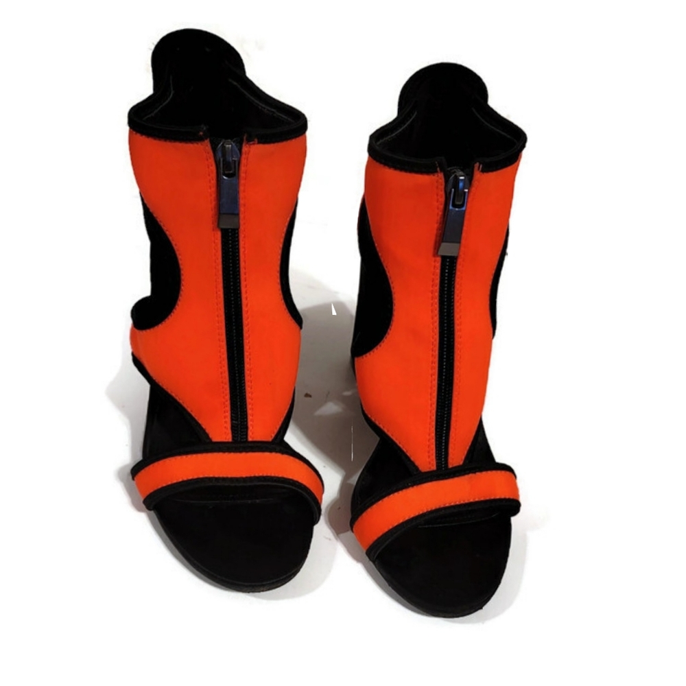 Mackin J Orange Front Zip Scuba Open Toe Block Heels Sz 7.5
